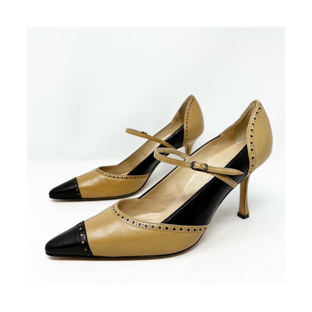 Manolo Blahnik Cap Toe Mary Jane Leather Heels Womens Size EU 39